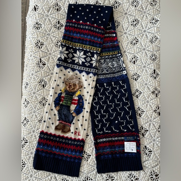 ✨POLO RALPH LAUREN Men's Holiday Intarsia Polo Bear Scarf Merino Wool - Picture 2 of 9